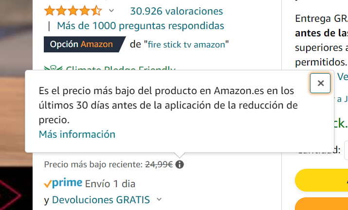 Información del precio más bajo en los últimos 30 días en Amazon